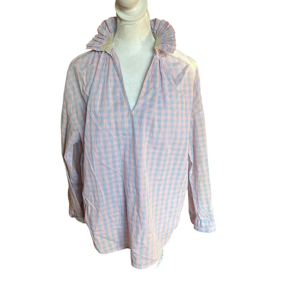 A Shirt Thing Popover Shirt Ruffle Collar red blue sz XS